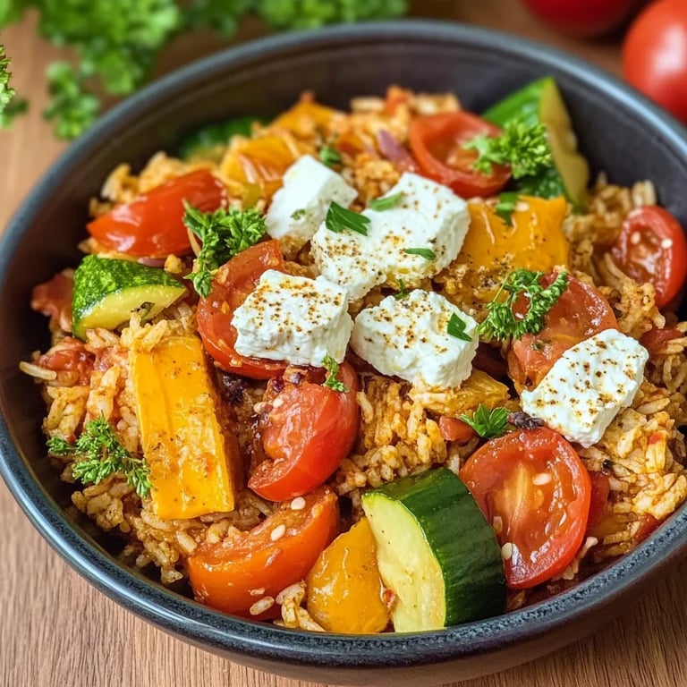 Gemüse Reispfanne mit Feta