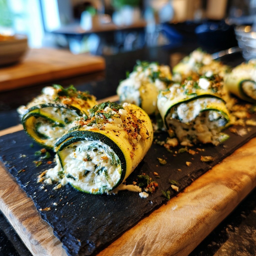 Herzhafte Zucchini-Röllchen mit Frischkäse (kaltes Fingerfood) - leicht & lecker