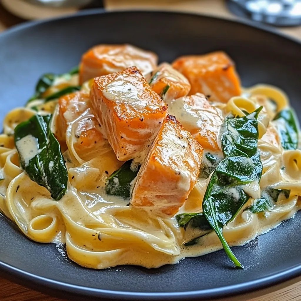 Lachs in Sahne Soße mit Spinat