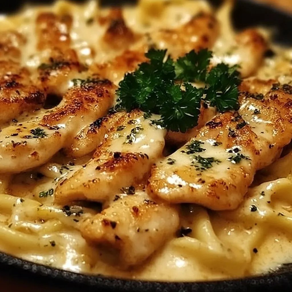 Zarte Hähnchenstreifen mit cremigen Nudeln in sahniger Sauce